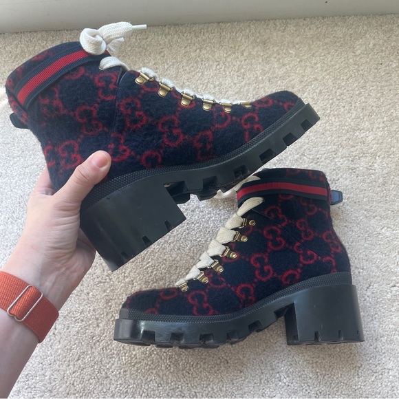 GUCCI Trip GG logo wool combat boots Navy Red - Picture 9 of 13